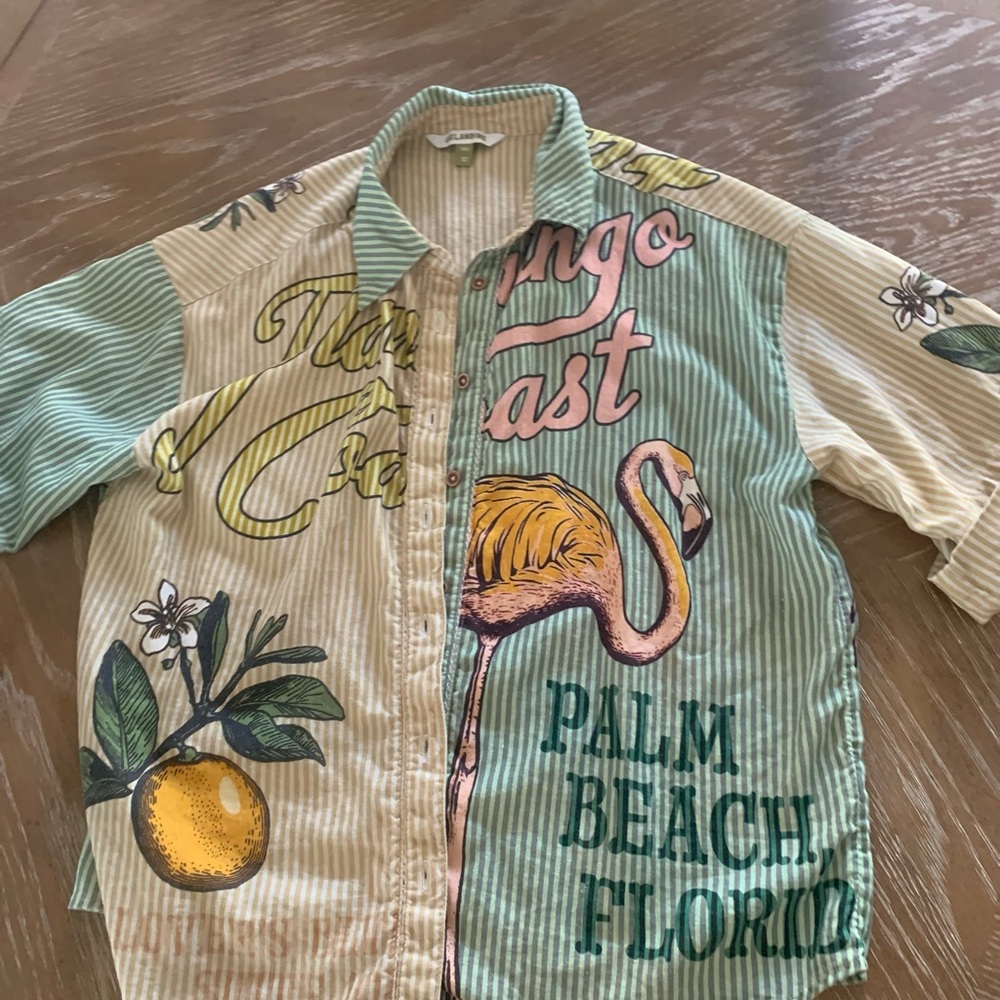 Anthropologie Green & Cream Flamingo Palm Button-Down Shirt